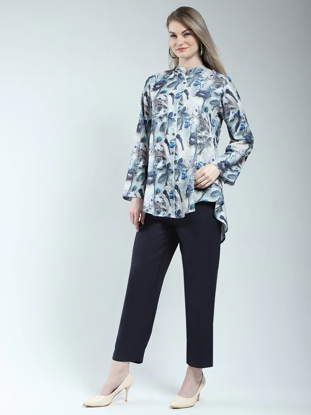 Women Blue Printed Band Neck Full Sleeve Cords Set - Image 4