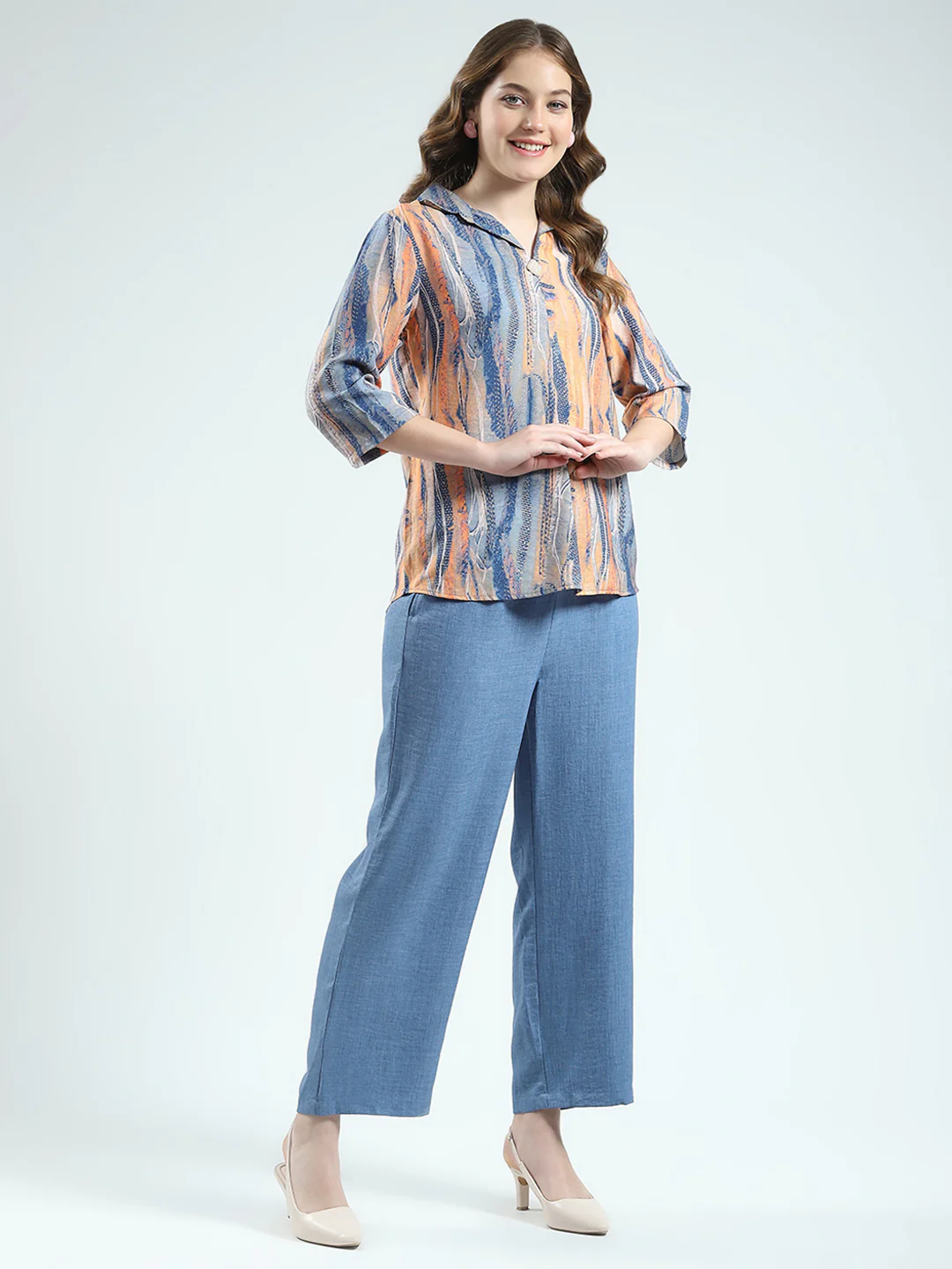 Women Blue Printed Collar 3/4th Sleeve Cords Set - Image 4