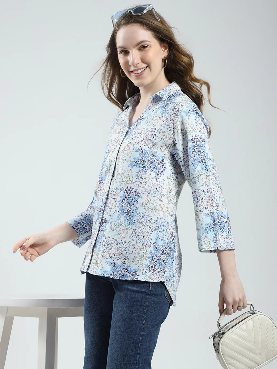 Women Blue Printed Collar 3/4th Sleeve Top - Image 6