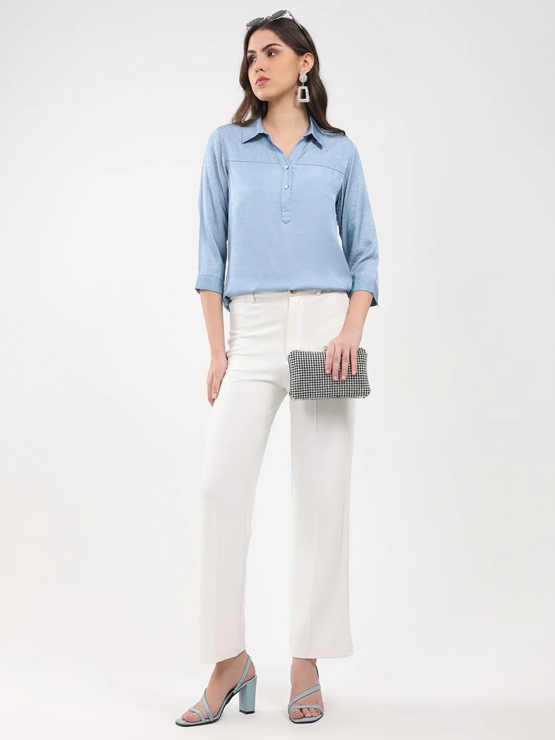 Women Blue Printed Collar 3/4th Sleeve Winter Top - Image 2