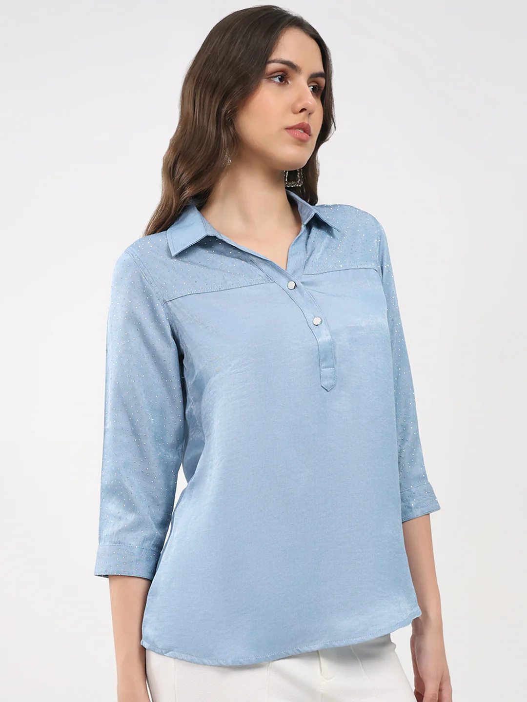 Women Blue Printed Collar 3/4th Sleeve Winter Top - Image 4
