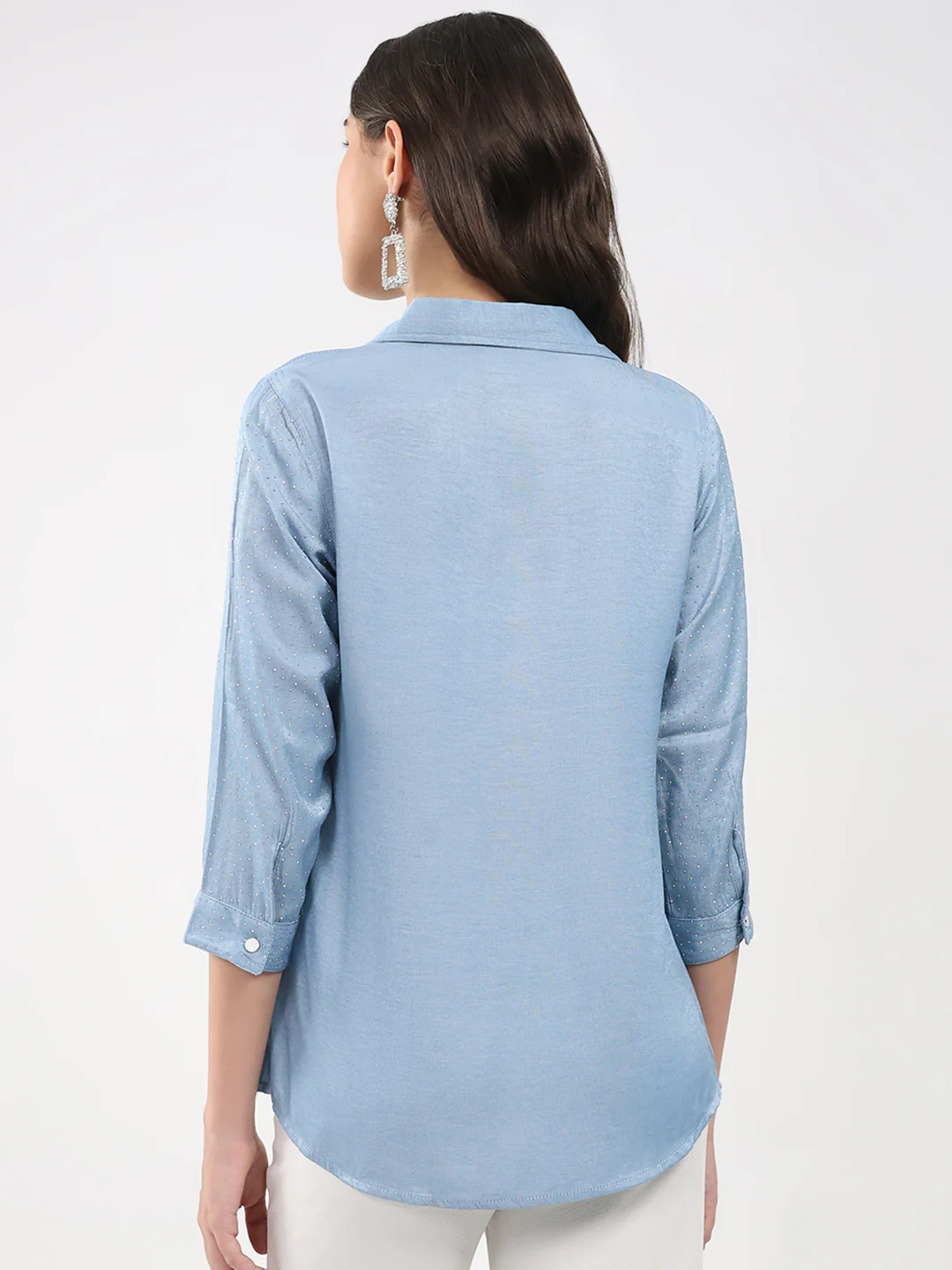 Women Blue Printed Collar 3/4th Sleeve Winter Top - Image 5