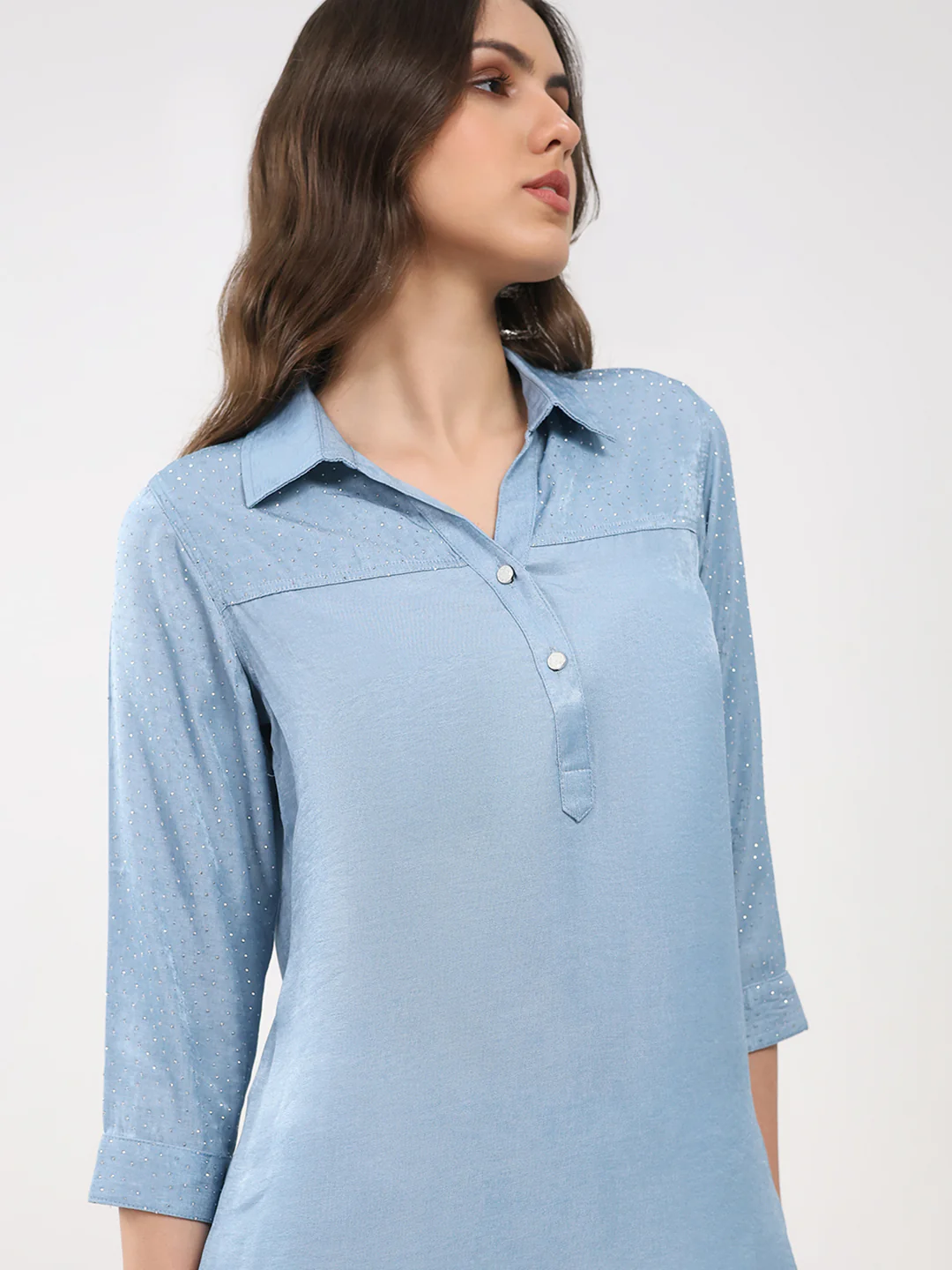 Women Blue Printed Collar 3/4th Sleeve Winter Top - Image 6