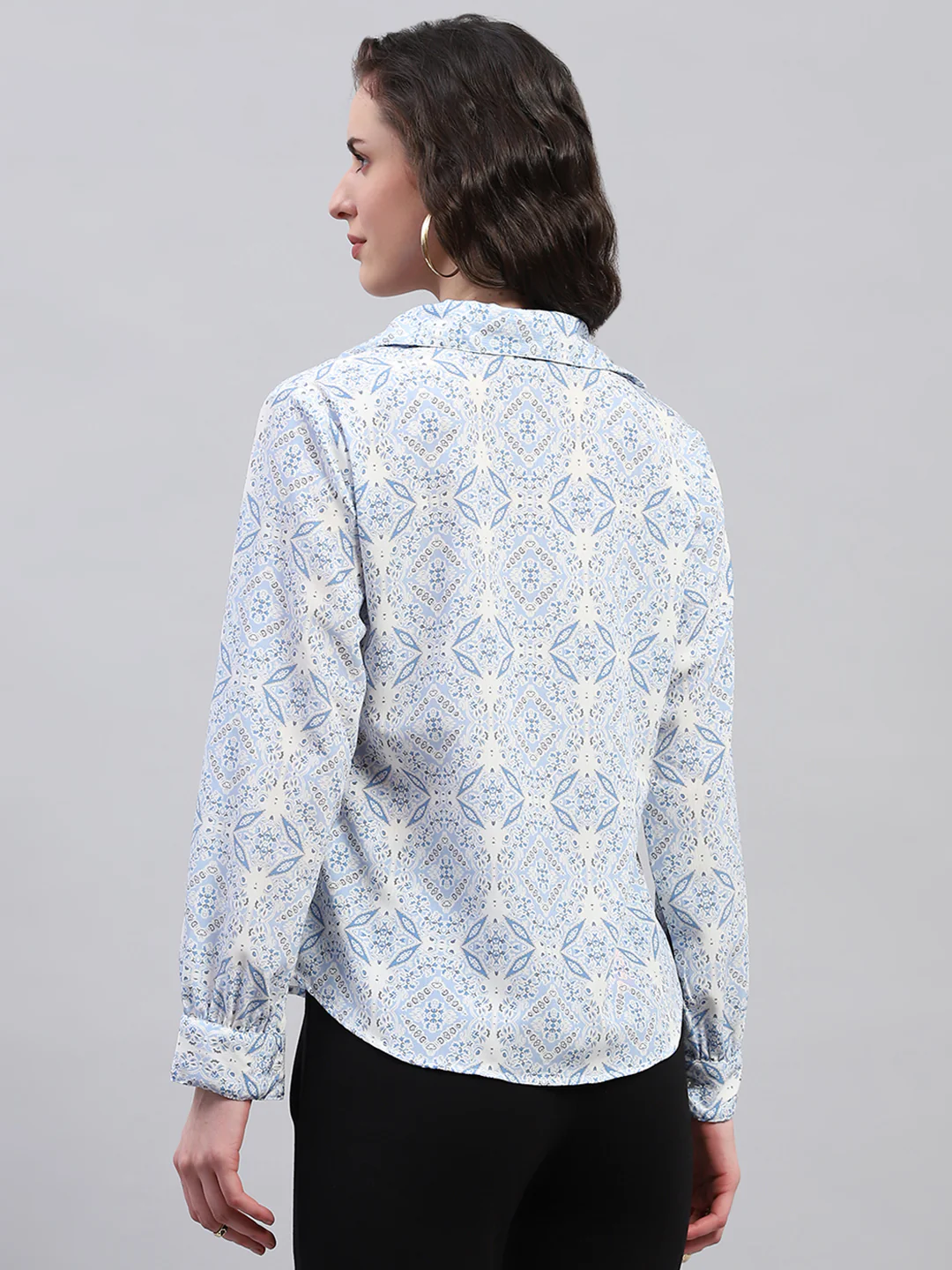 Women Blue Printed Collar Full Sleeve Top - Image 5