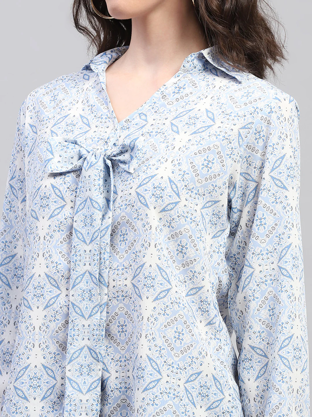 Women Blue Printed Collar Full Sleeve Top - Image 6