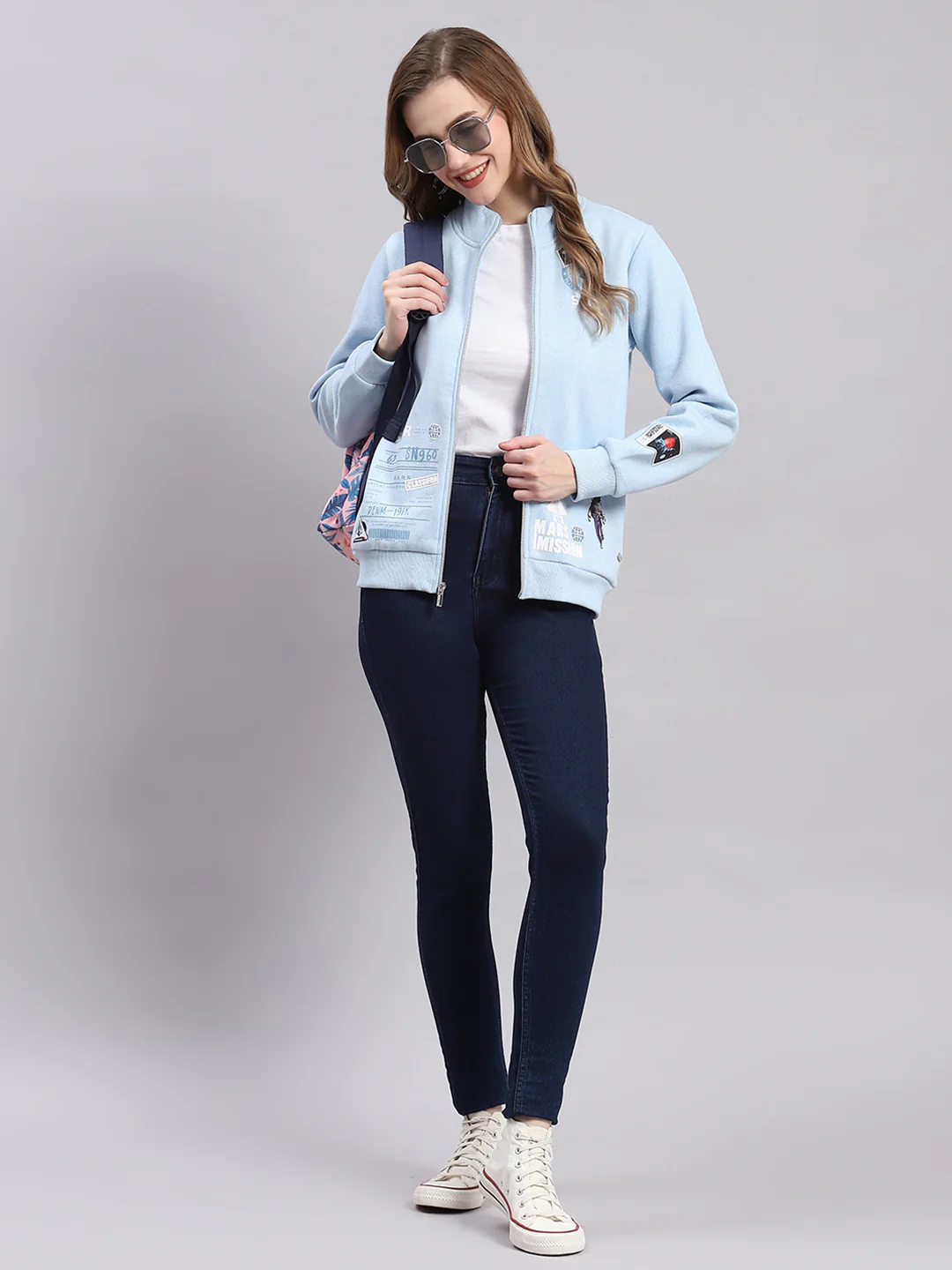Women Blue Printed F Neck Full Sleeve Sweatshirts - Image 2