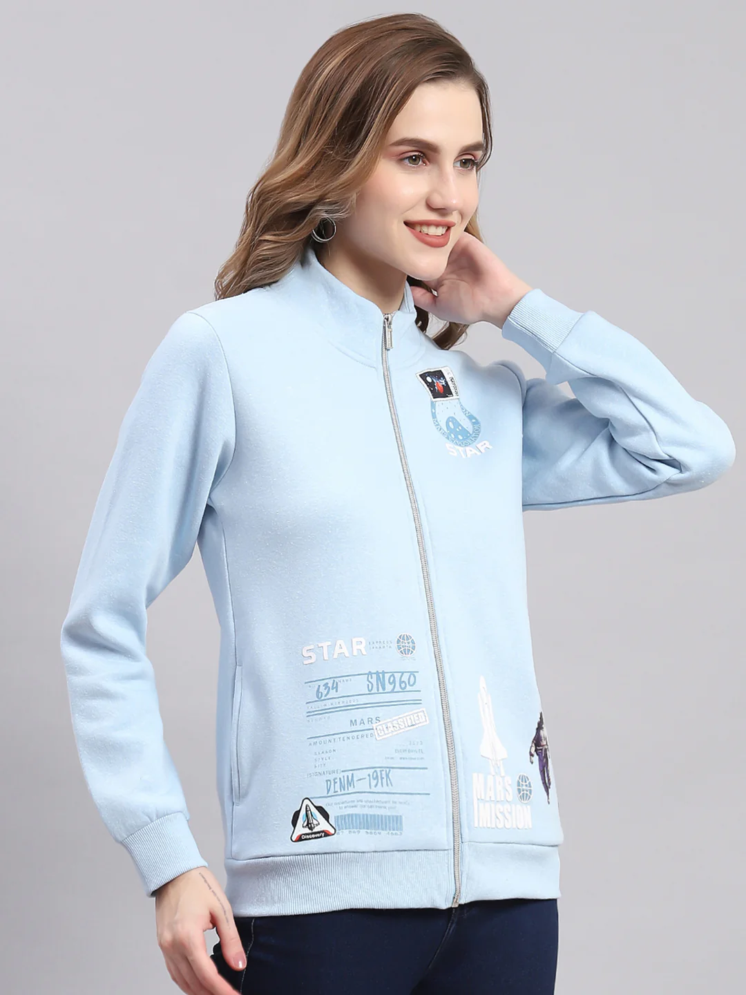 Women Blue Printed F Neck Full Sleeve Sweatshirts - Image 4