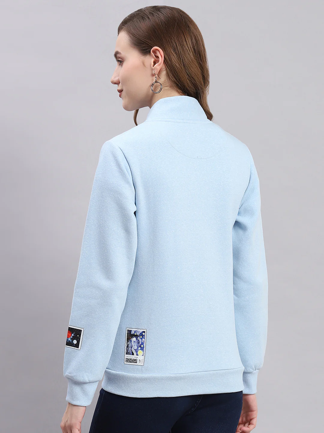 Women Blue Printed F Neck Full Sleeve Sweatshirts - Image 5