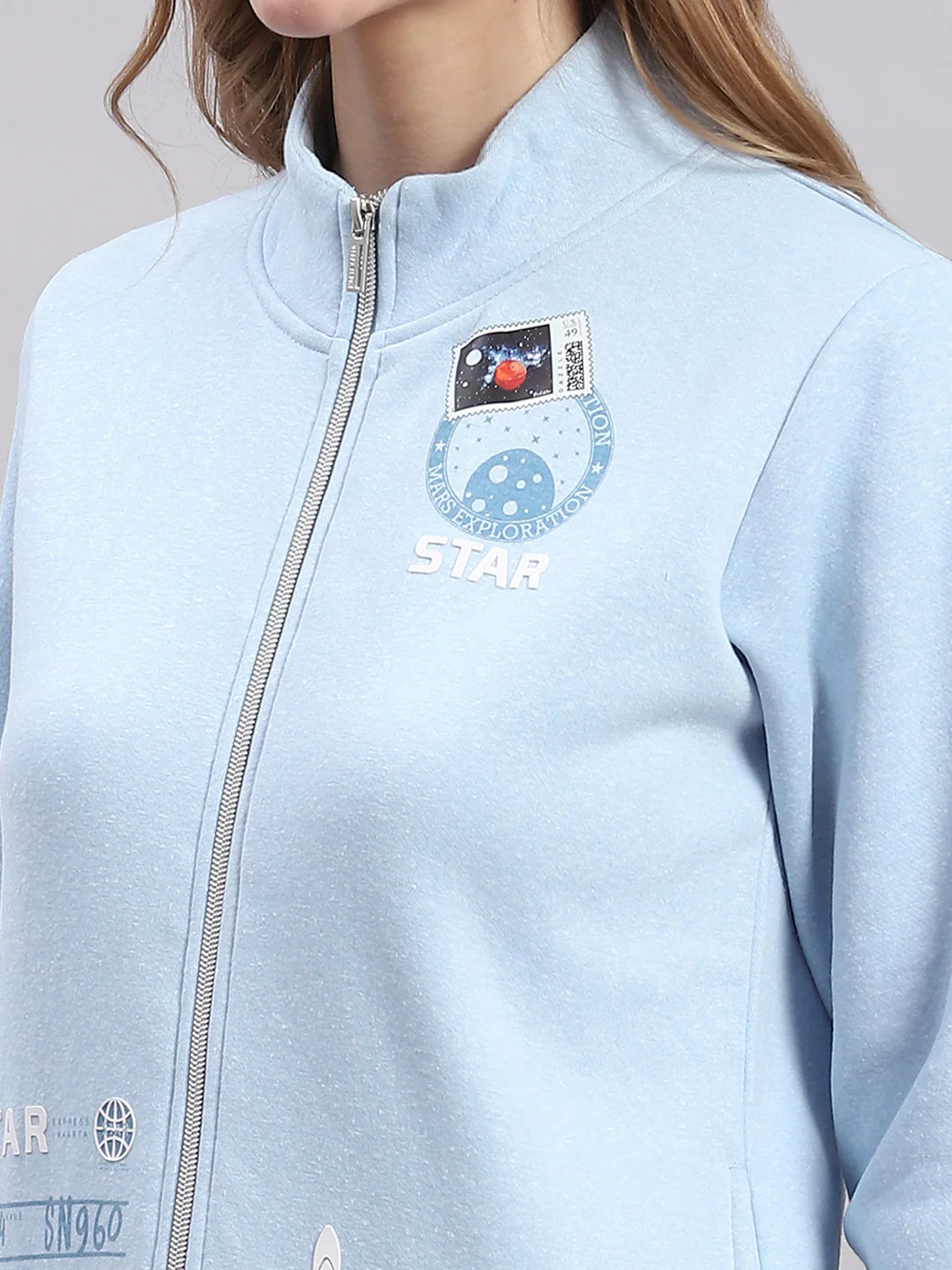 Women Blue Printed F Neck Full Sleeve Sweatshirts - Image 6