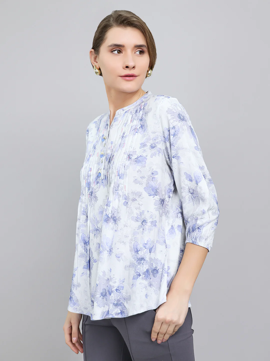 Women Blue Printed Fashion Neck 3/4th Sleeve Top - Image 2