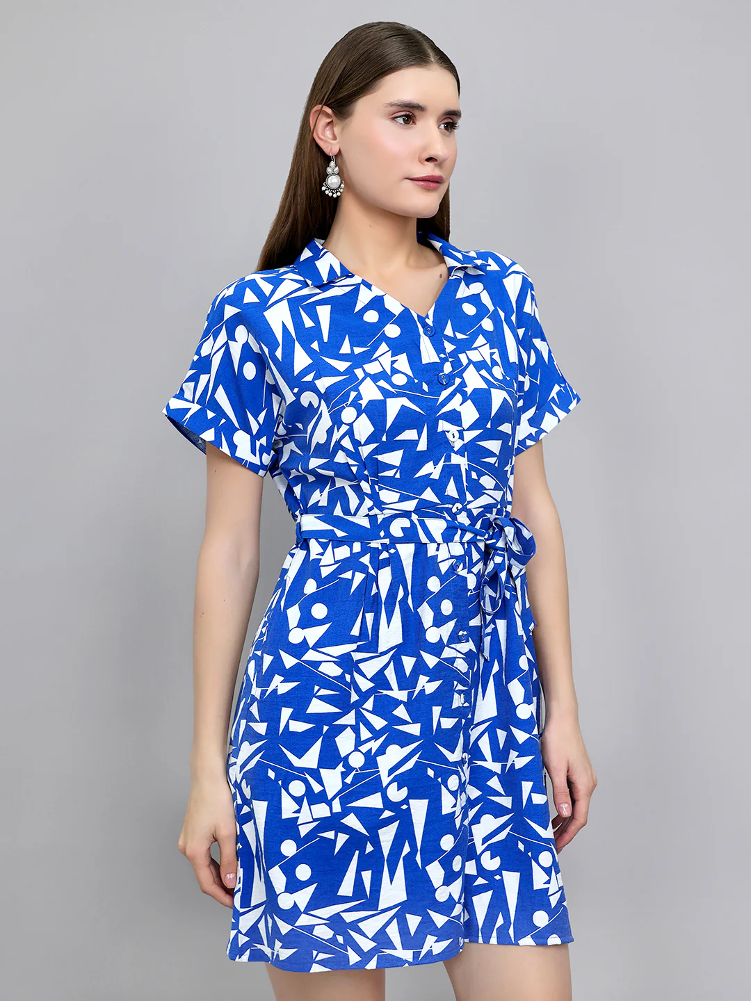 Women Blue Printed Fashion Neck Half Sleeve Tunic - Image 3