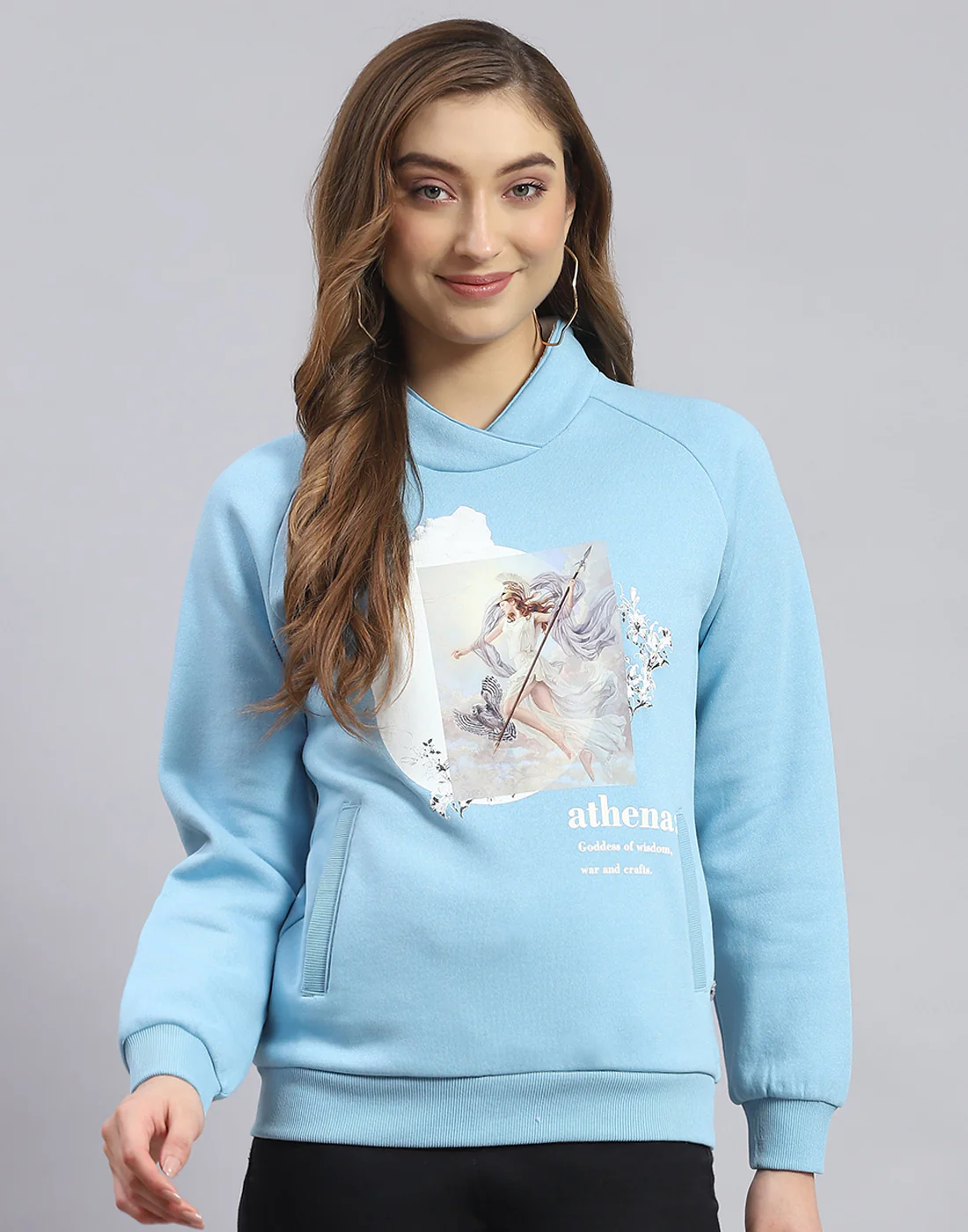 Women Blue Printed H Neck Full Sleeve Sweatshirt - Image 3