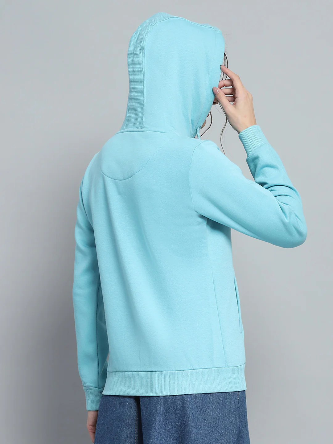 Women Blue Printed Hooded Full Sleeve Sweatshirt - Image 5