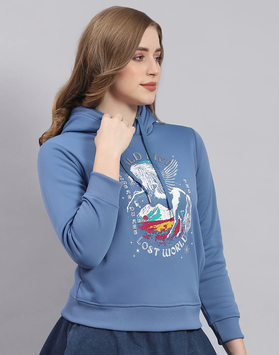 Women Blue Printed Hooded Full Sleeve Sweatshirt - Image 4