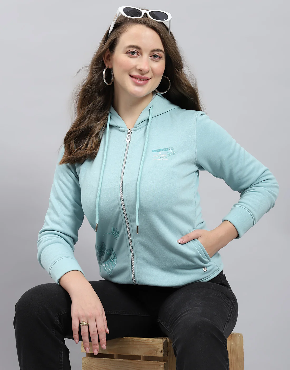 Women Blue Printed Hooded Full Sleeve Sweatshirt - Image 6