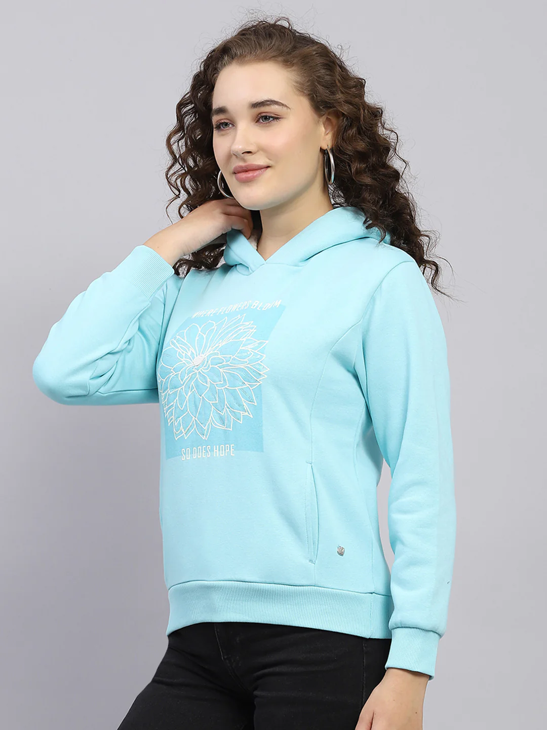 Women Blue Printed Hooded Full Sleeve Sweatshirt - Image 3