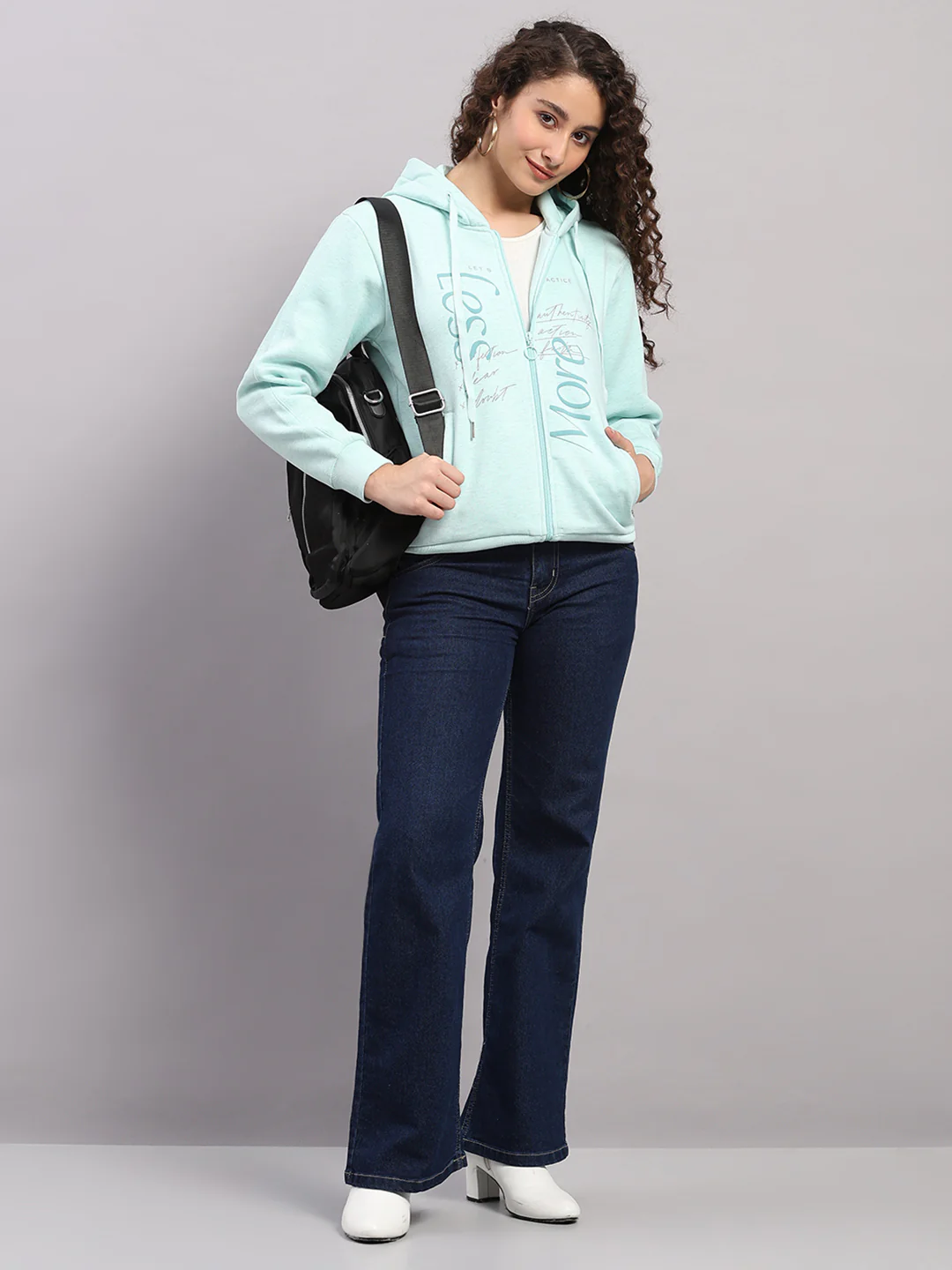 Women Blue Printed Hooded Full Sleeve Sweatshirt - Image 2