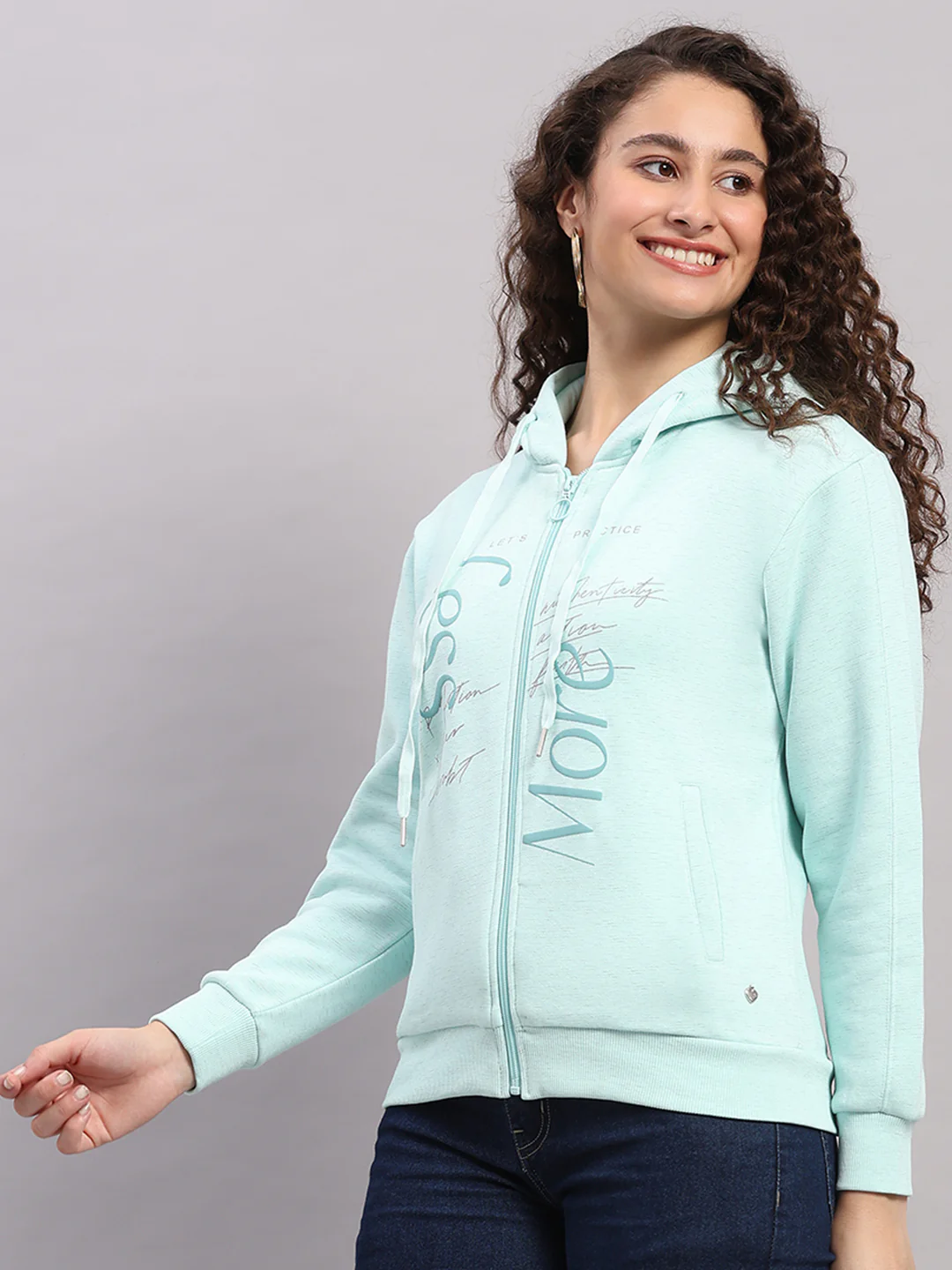 Women Blue Printed Hooded Full Sleeve Sweatshirt - Image 3
