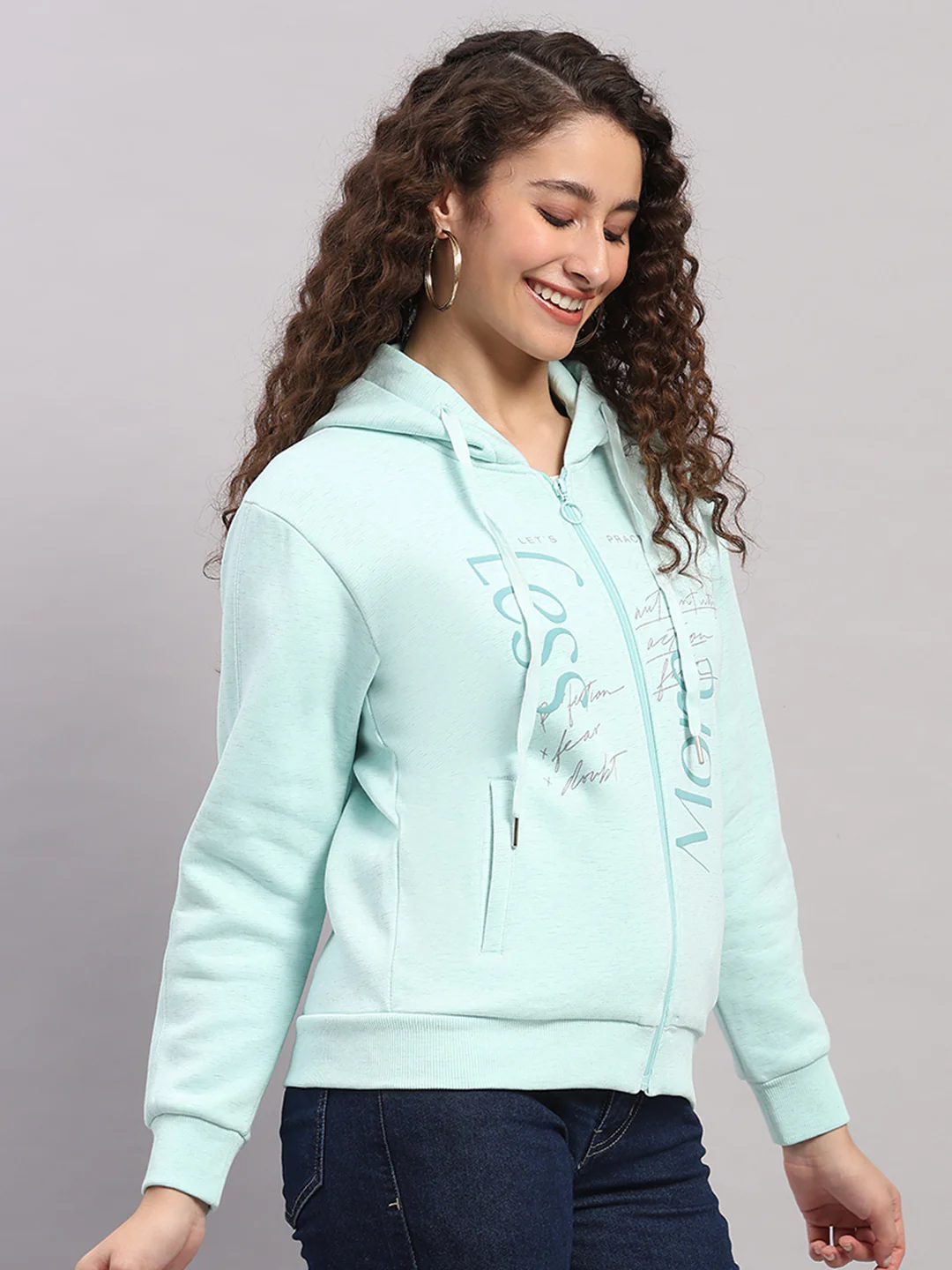 Women Blue Printed Hooded Full Sleeve Sweatshirt - Image 4