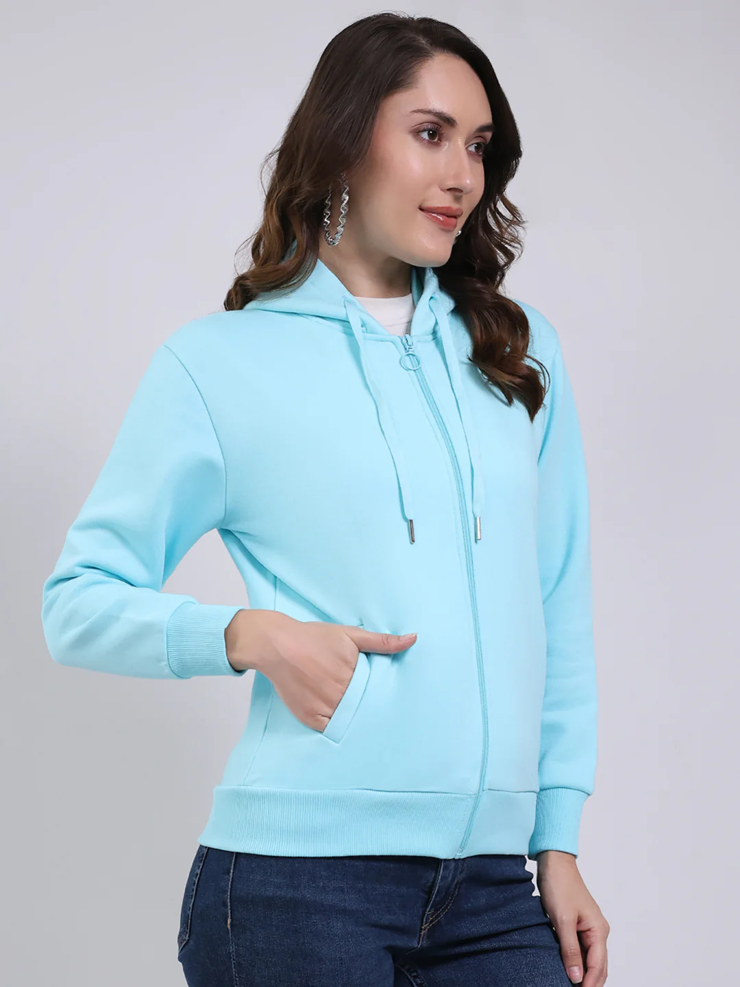 Women Blue Printed Hooded Full Sleeve Sweatshirt - Image 4