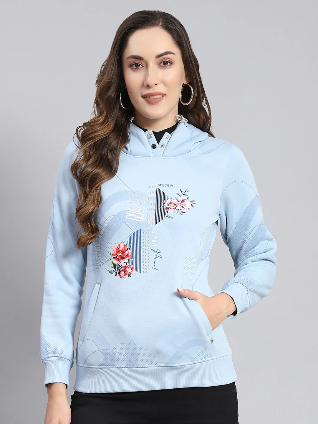 Women Blue Printed Hooded Full Sleeve Sweatshirts - Image 3