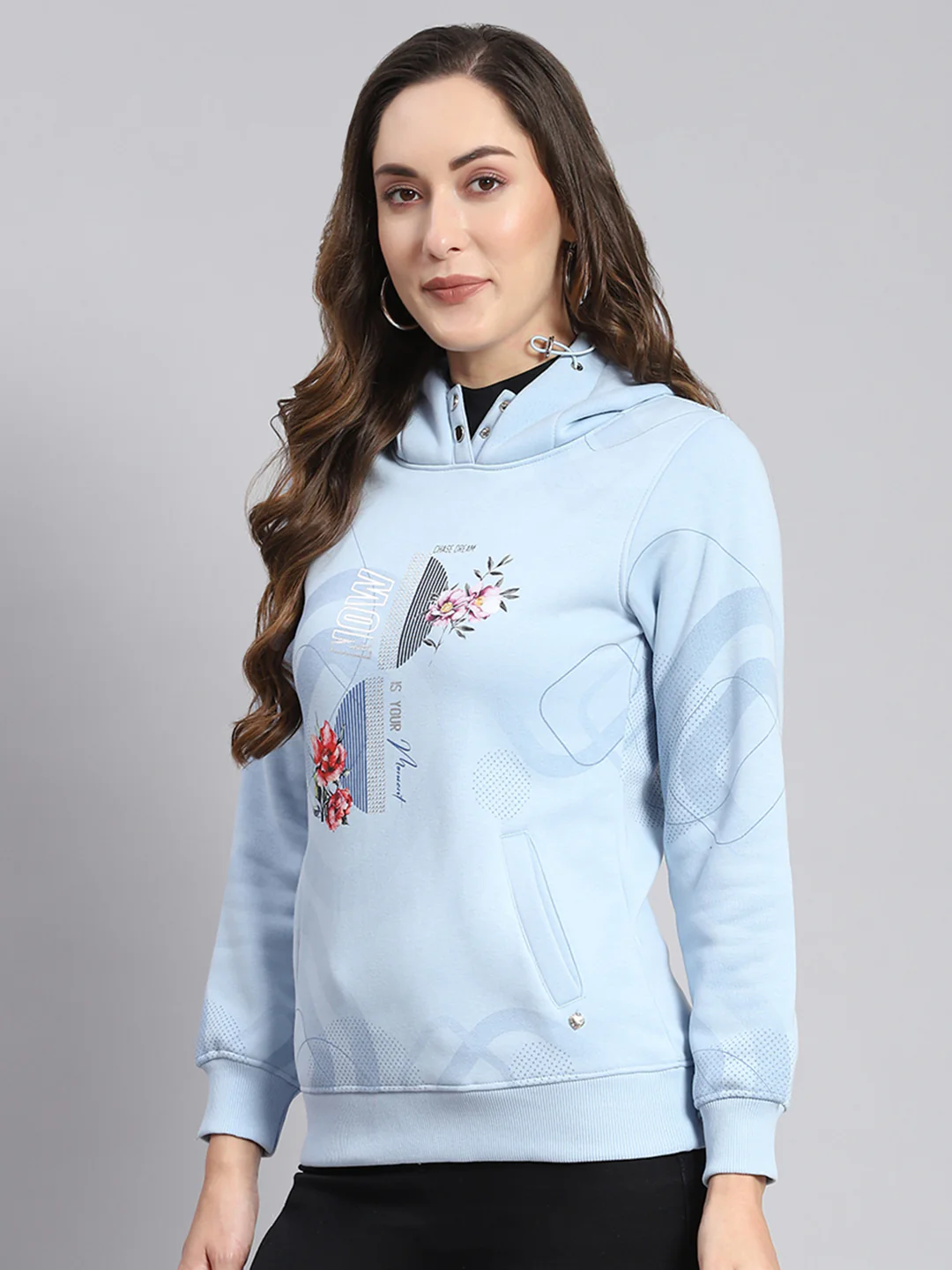 Women Blue Printed Hooded Full Sleeve Sweatshirts - Image 5