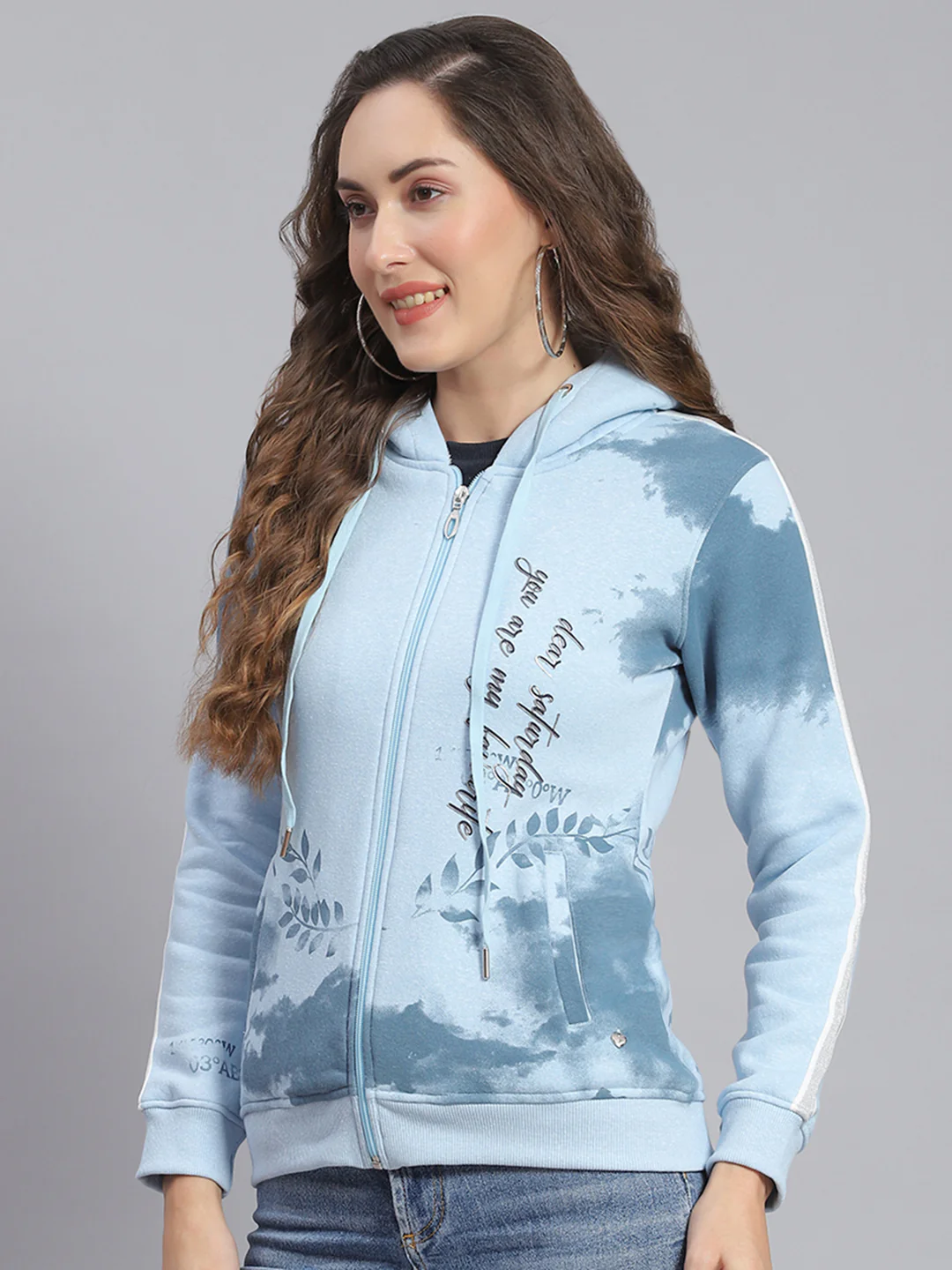 Women Blue Printed Hooded Full Sleeve Sweatshirts - Image 3