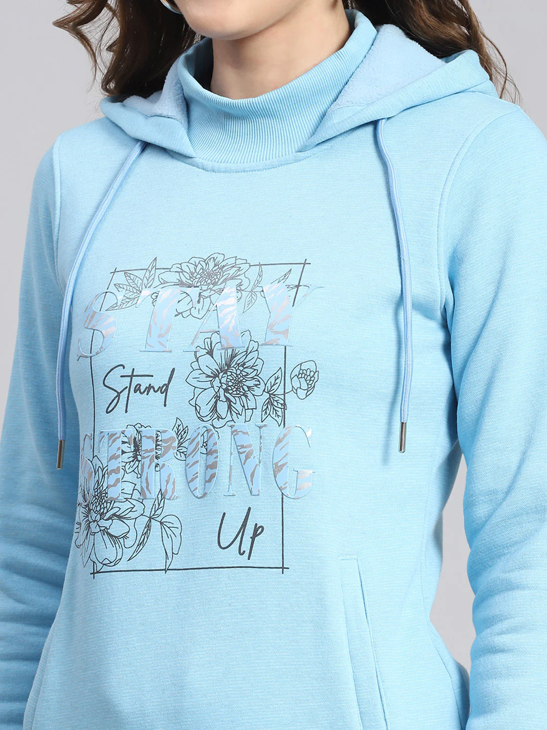 Women Blue Printed Hooded Full Sleeve Sweatshirts - Image 7