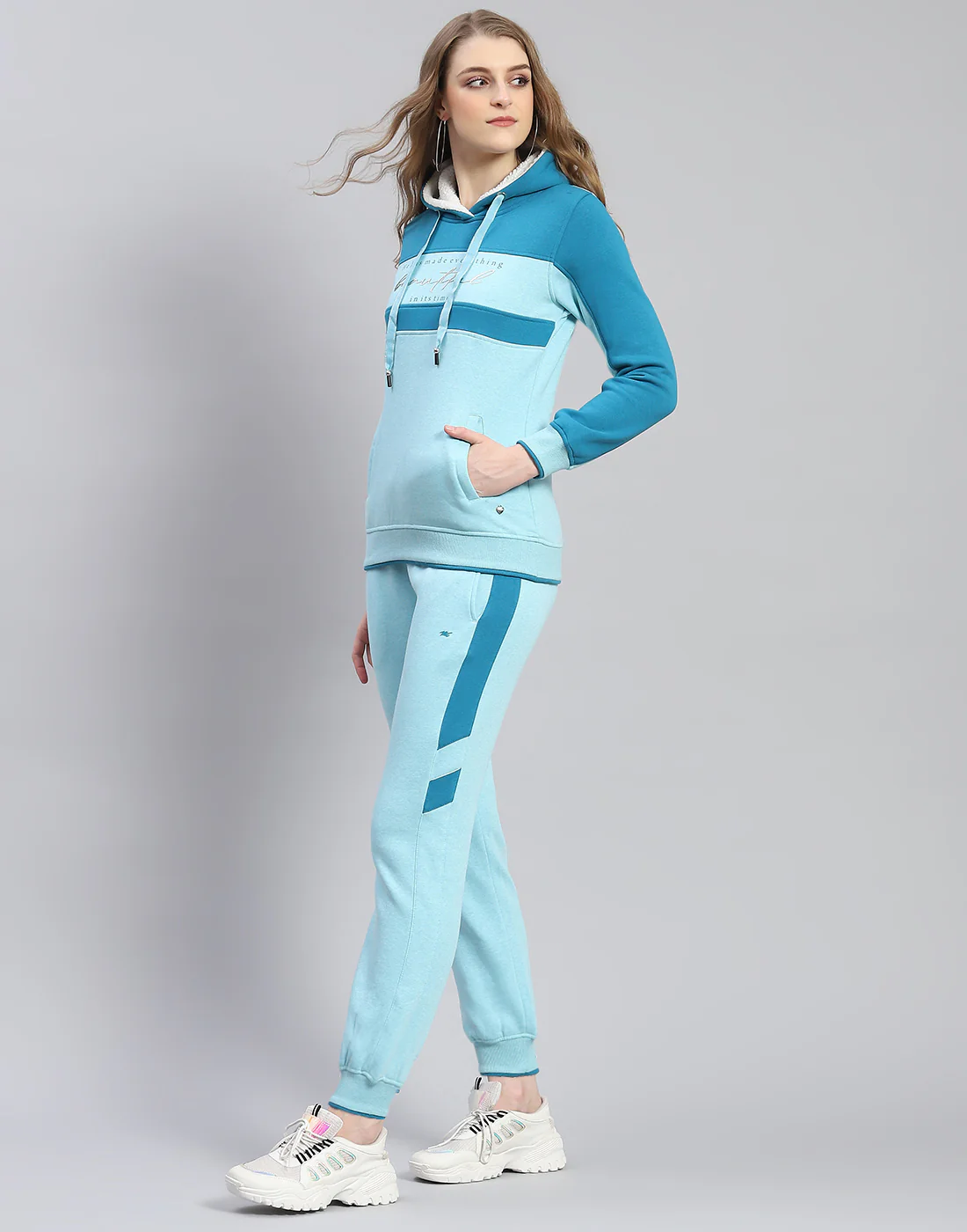 Women Blue Printed Hooded Full Sleeve Tracksuit - Image 3