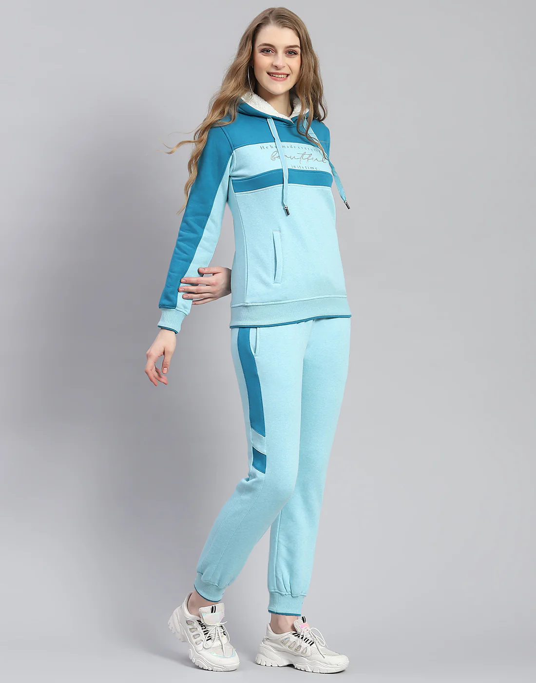 Women Blue Printed Hooded Full Sleeve Tracksuit - Image 4