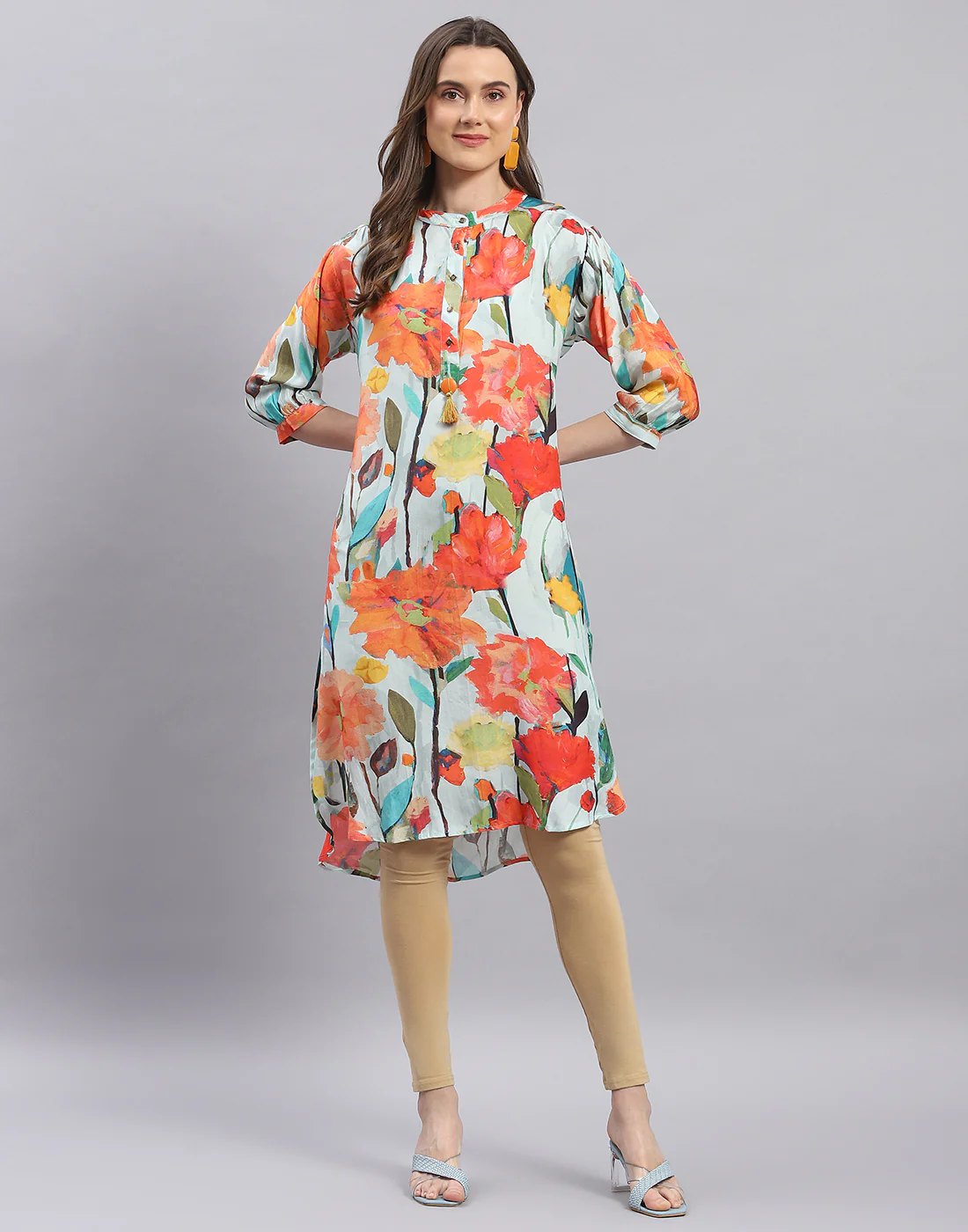 Women Blue Printed Mandarin Collar Half Sleeve Tunic - Image 4