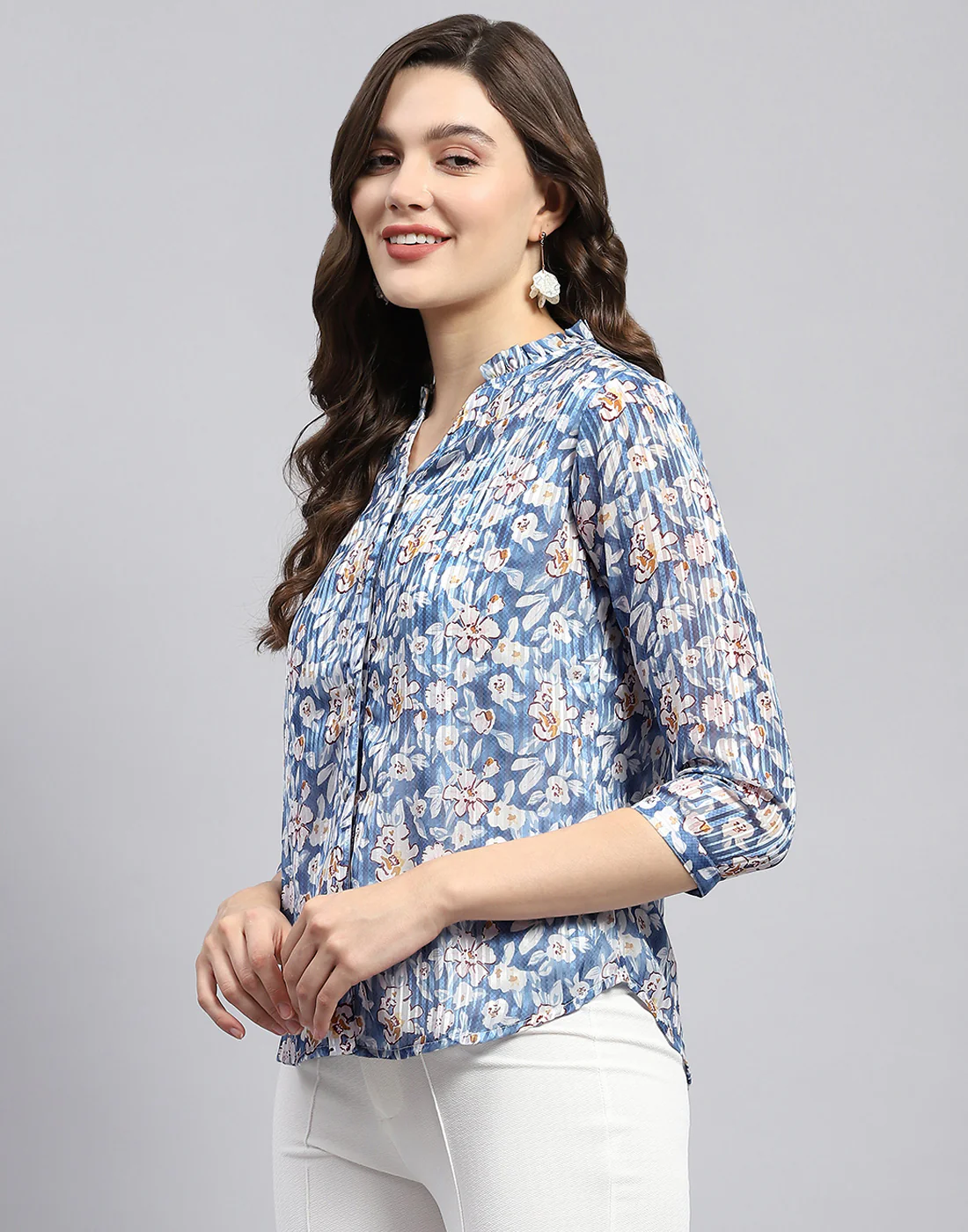 Women Blue Printed Mandarin Neck Half Sleeve Top - Image 3