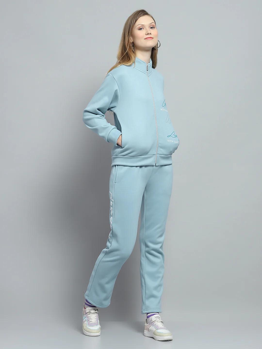 Women Blue Printed Mock Neck Full Sleeve Tracksuit - Image 4