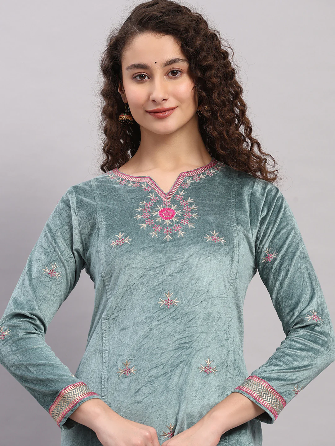 Women Blue Printed Round Neck Full Sleeve 3 Pc Kurti Set for Winter - Image 6
