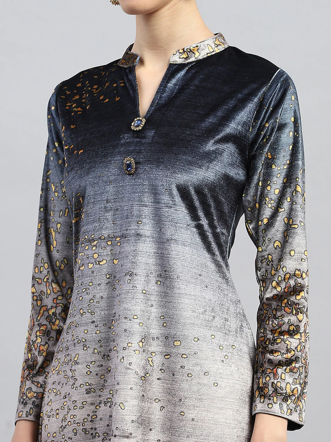 Women Blue Printed Round Neck Full Sleeve Kurti Set - Image 7