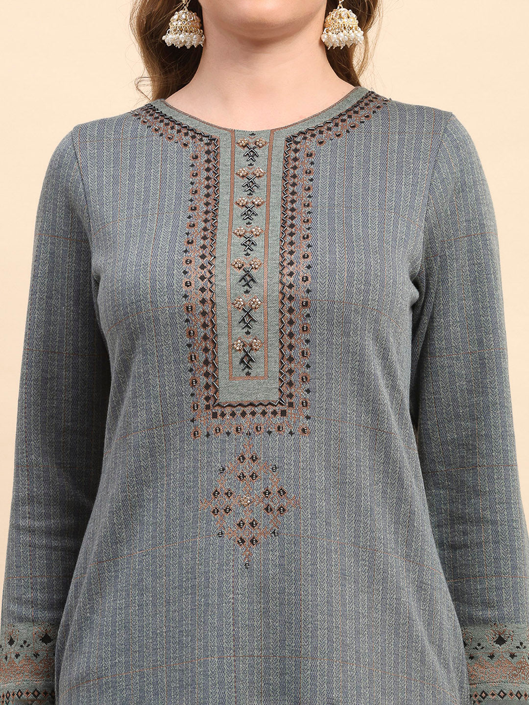 Women Blue Printed Round Neck Full Sleeve Kurti Set for Winter - Image 7