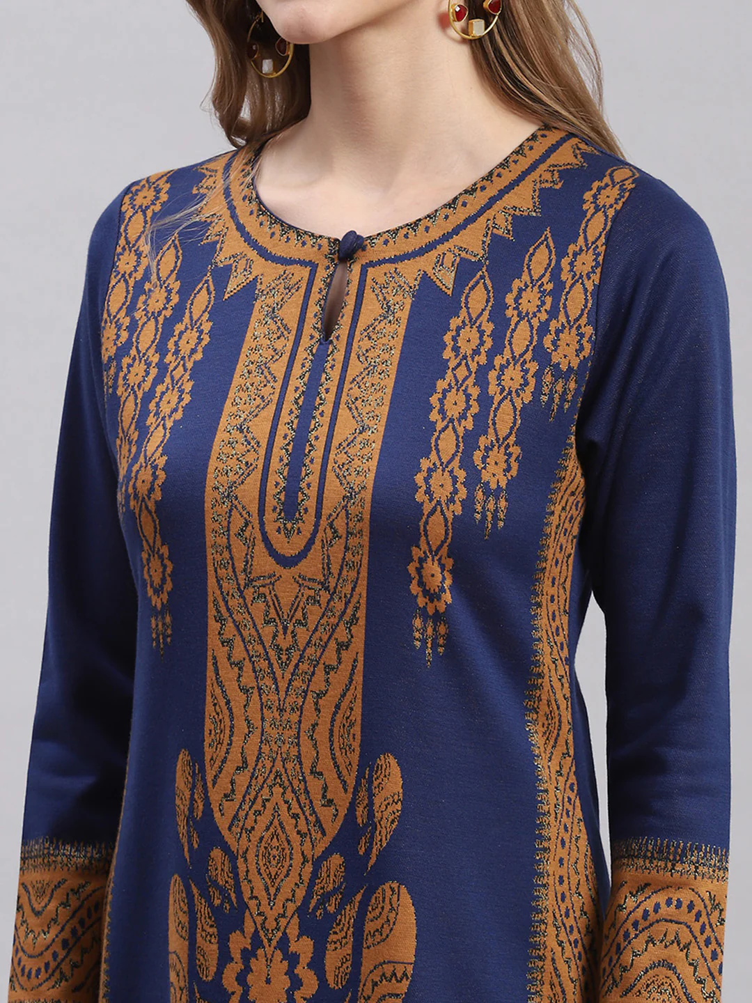 Women Blue Printed Round Neck Full Sleeve Kurtis - Image 2