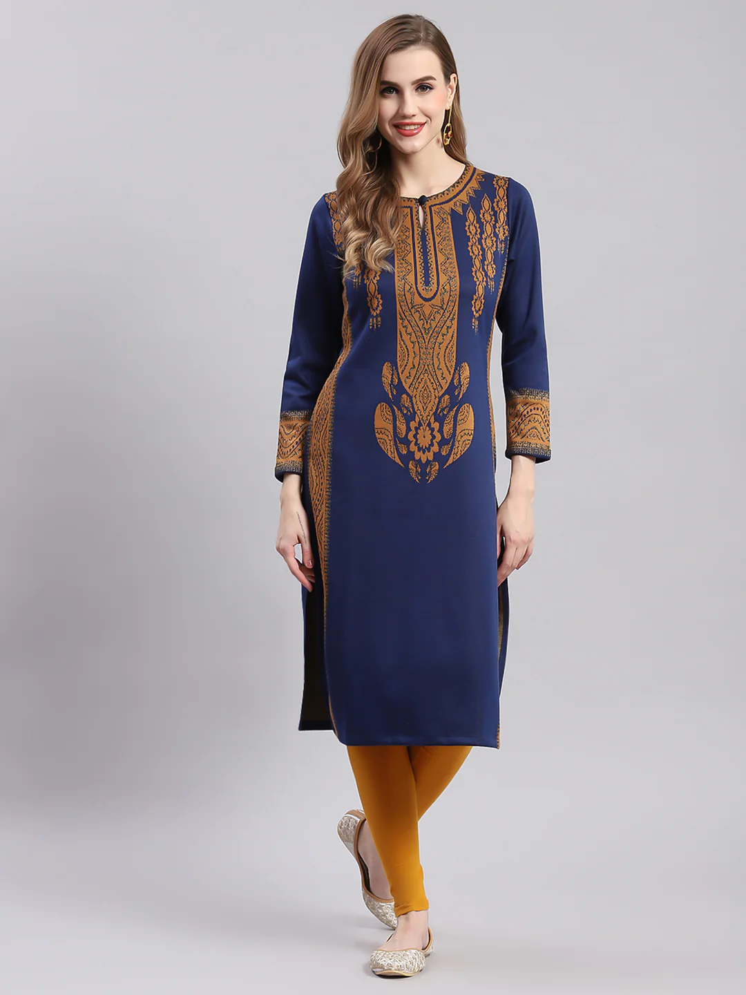 Women Blue Printed Round Neck Full Sleeve Kurtis - Image 3