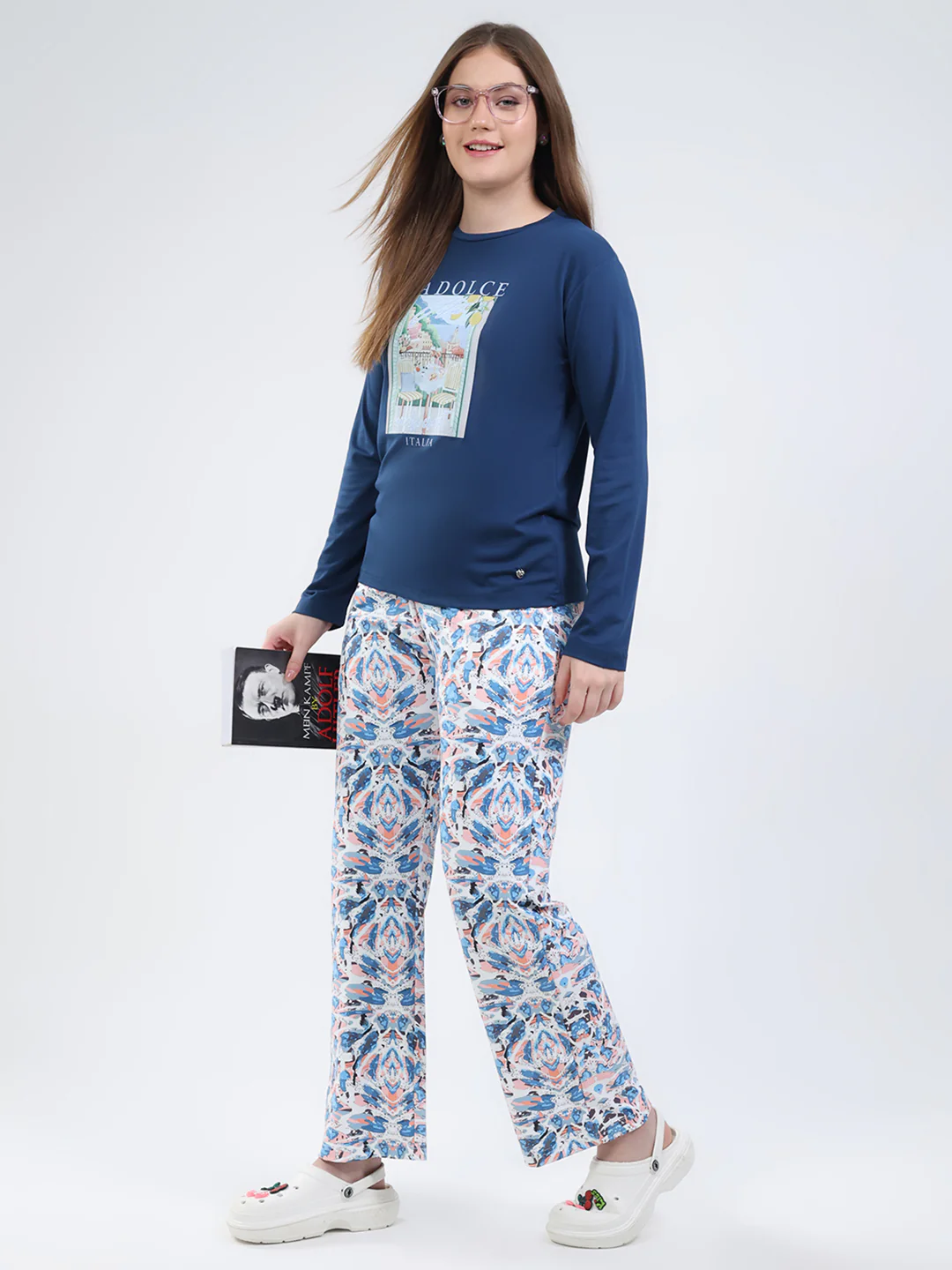 Women Blue Printed Round Neck Full Sleeve Lower Set - Image 2