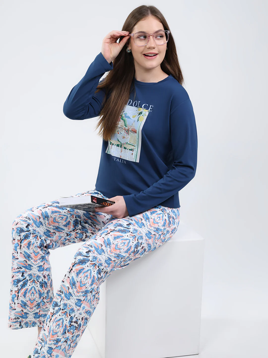 Women Blue Printed Round Neck Full Sleeve Lower Set - Image 6