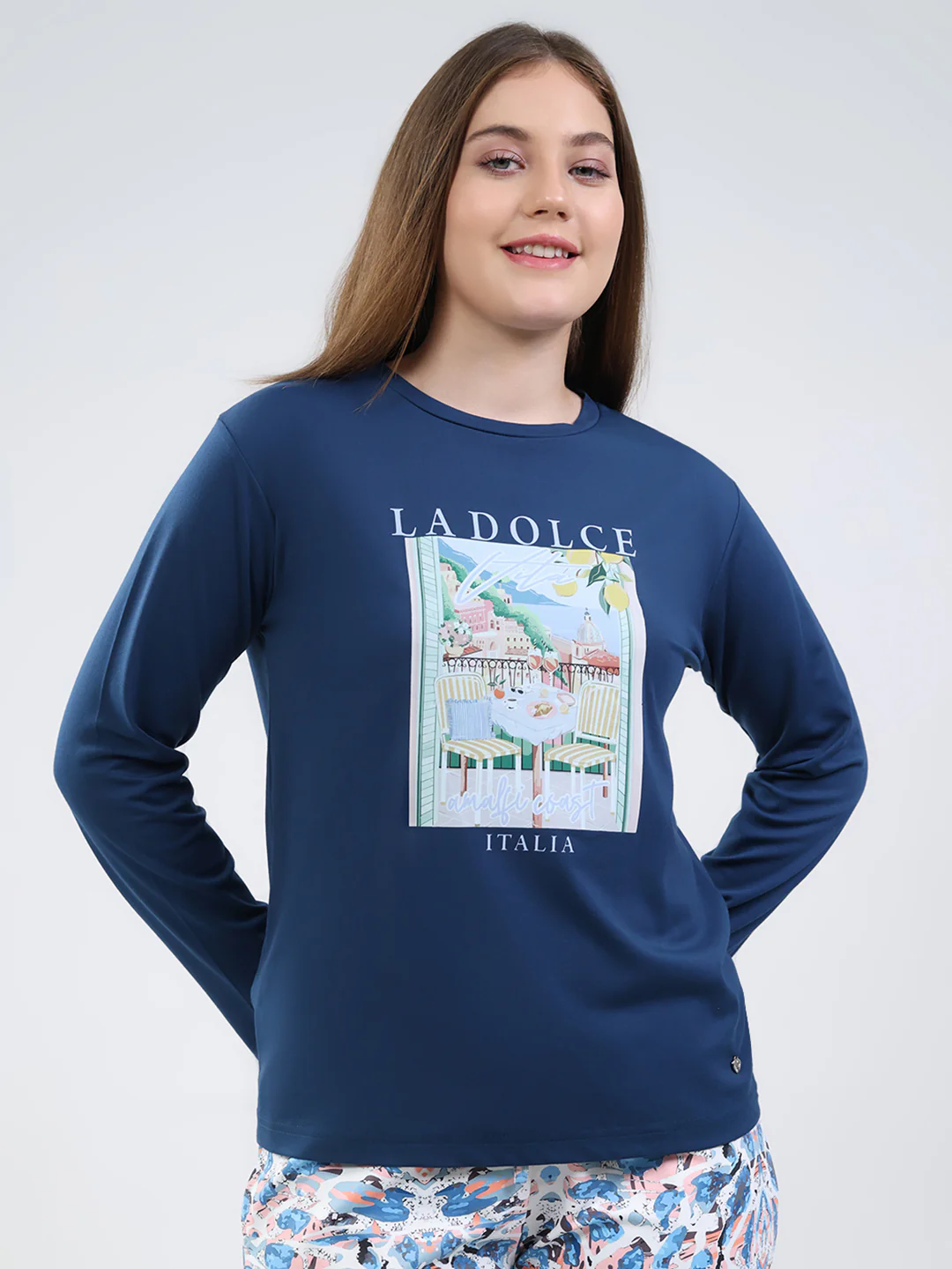 Women Blue Printed Round Neck Full Sleeve Lower Set - Image 7