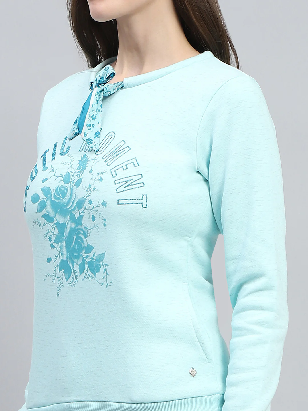 Women Blue Printed Round Neck Full Sleeve Sweatshirt - Image 6