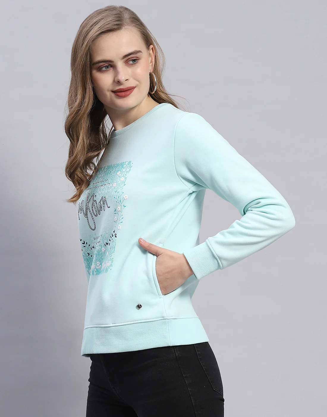 Women Blue Printed Round Neck Full Sleeve Sweatshirt - Image 4