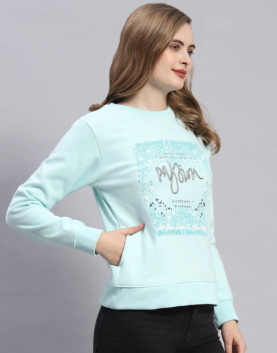 Women Blue Printed Round Neck Full Sleeve Sweatshirt - Image 5