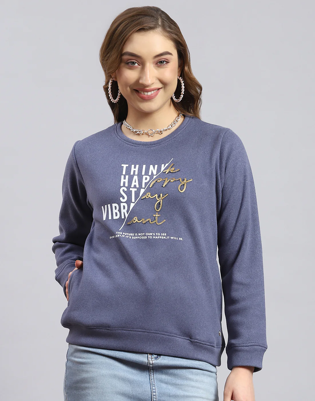 Women Blue Printed Round Neck Full Sleeve Sweatshirt - Image 3