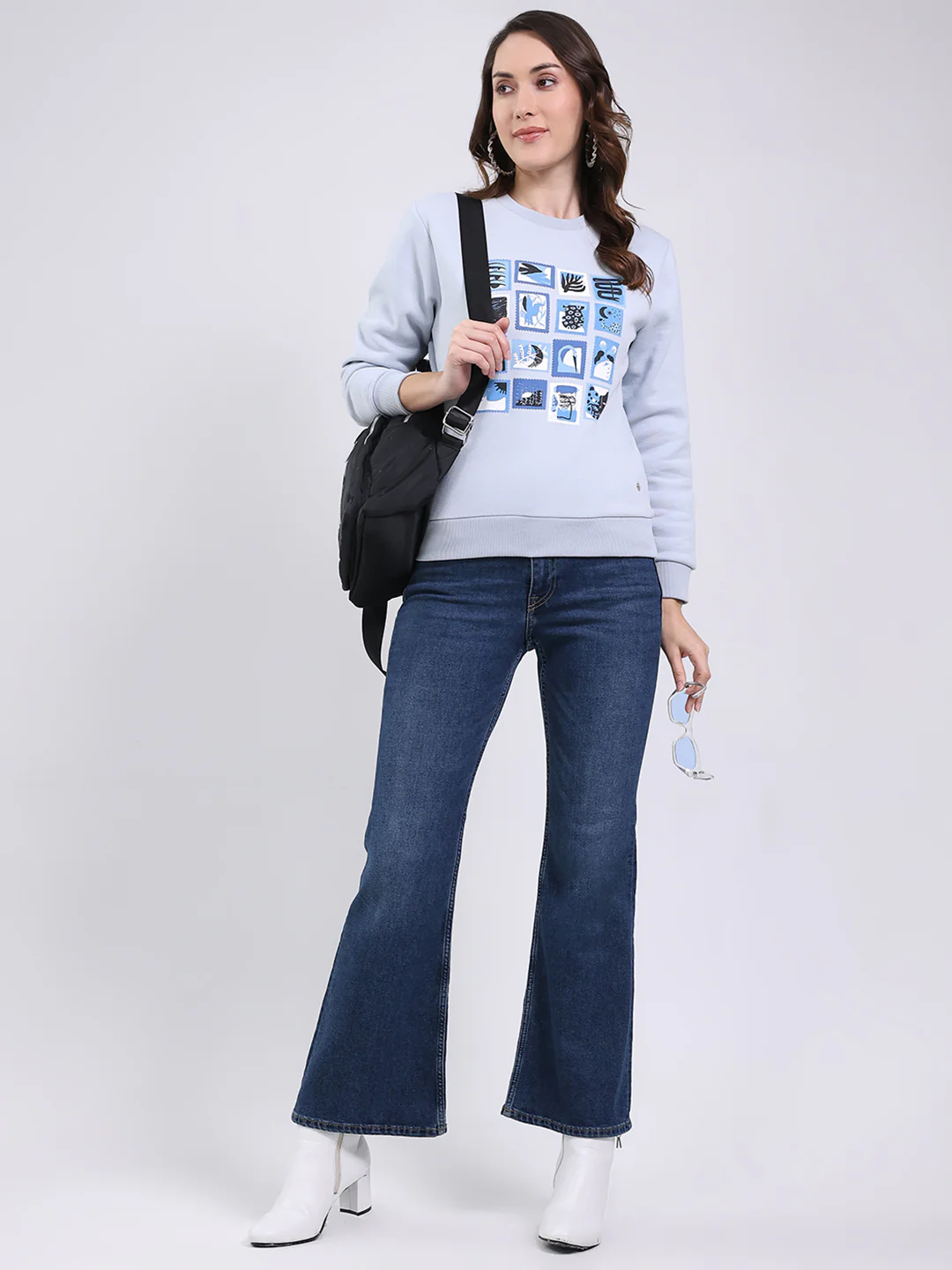 Women Blue Printed Round Neck Full Sleeve Sweatshirt - Image 2
