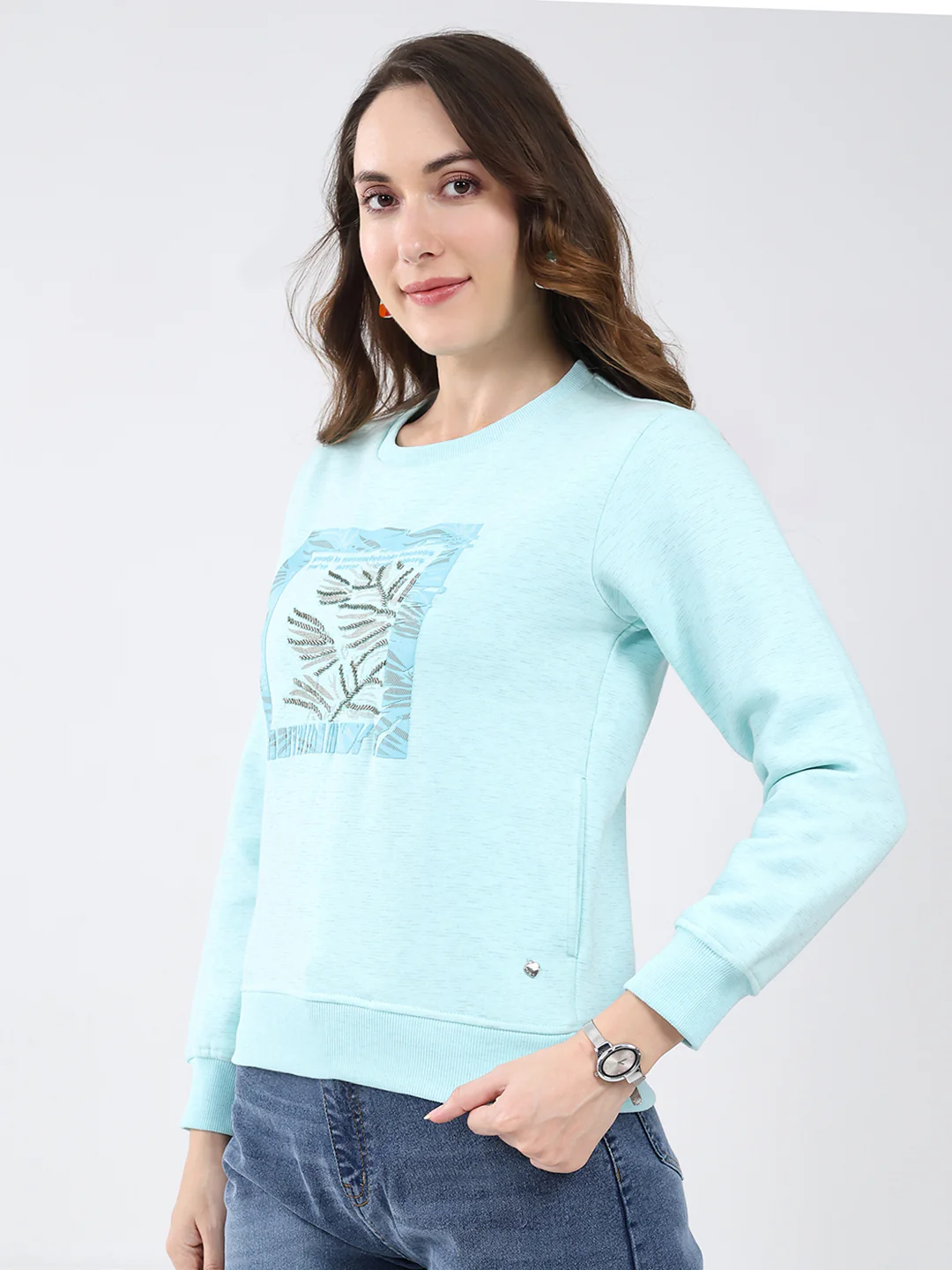 Women Blue Printed Round Neck Full Sleeve Sweatshirt - Image 3