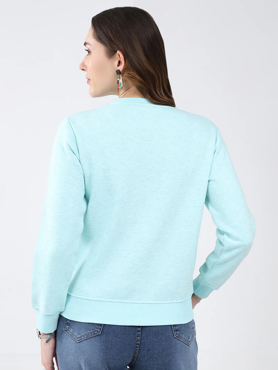 Women Blue Printed Round Neck Full Sleeve Sweatshirt - Image 5
