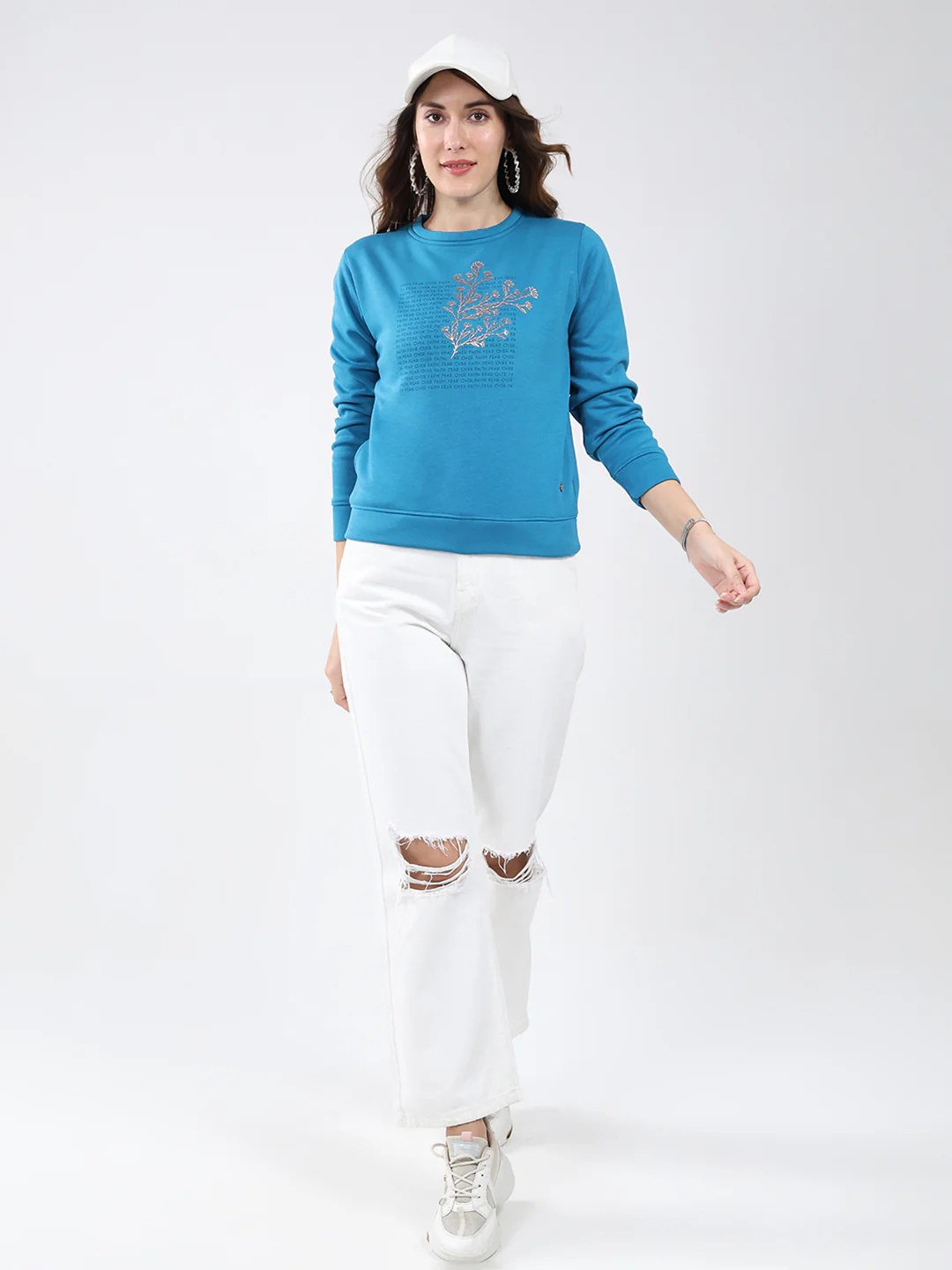 Women Blue Printed Round Neck Full Sleeve Sweatshirt - Image 2