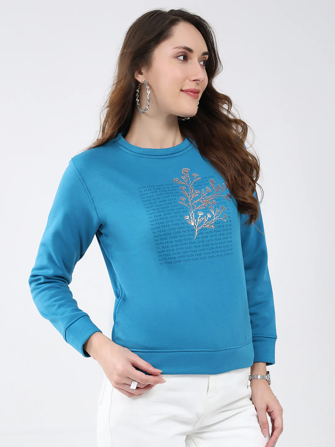 Women Blue Printed Round Neck Full Sleeve Sweatshirt - Image 4